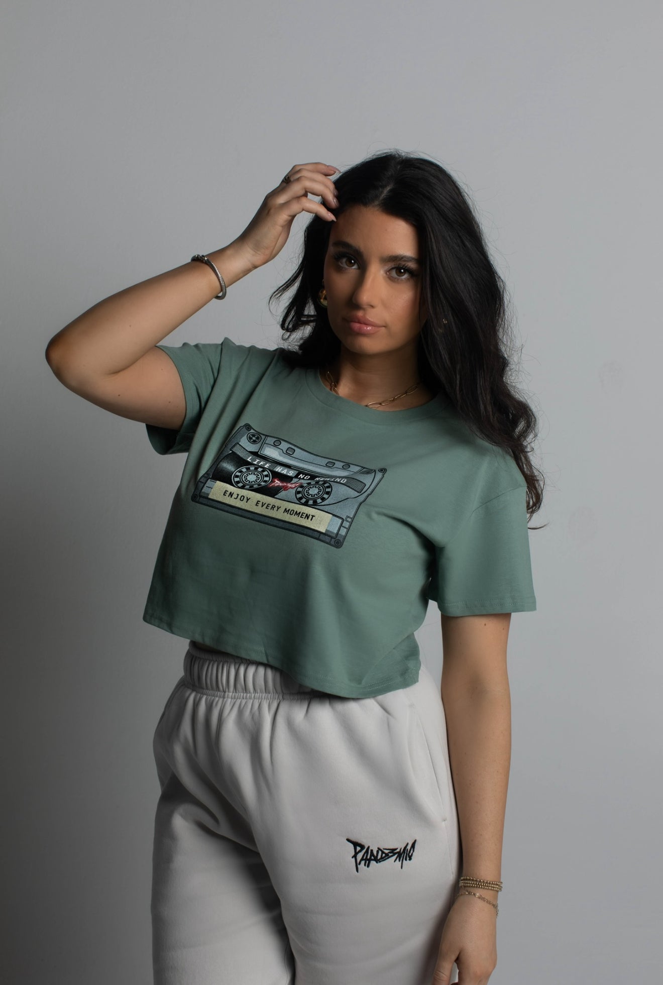 Vintage Cassette Crop Tee in Sage