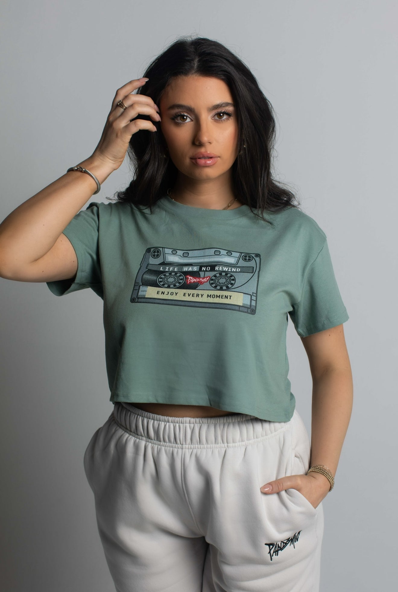 Vintage Cassette Crop Tee in Sage