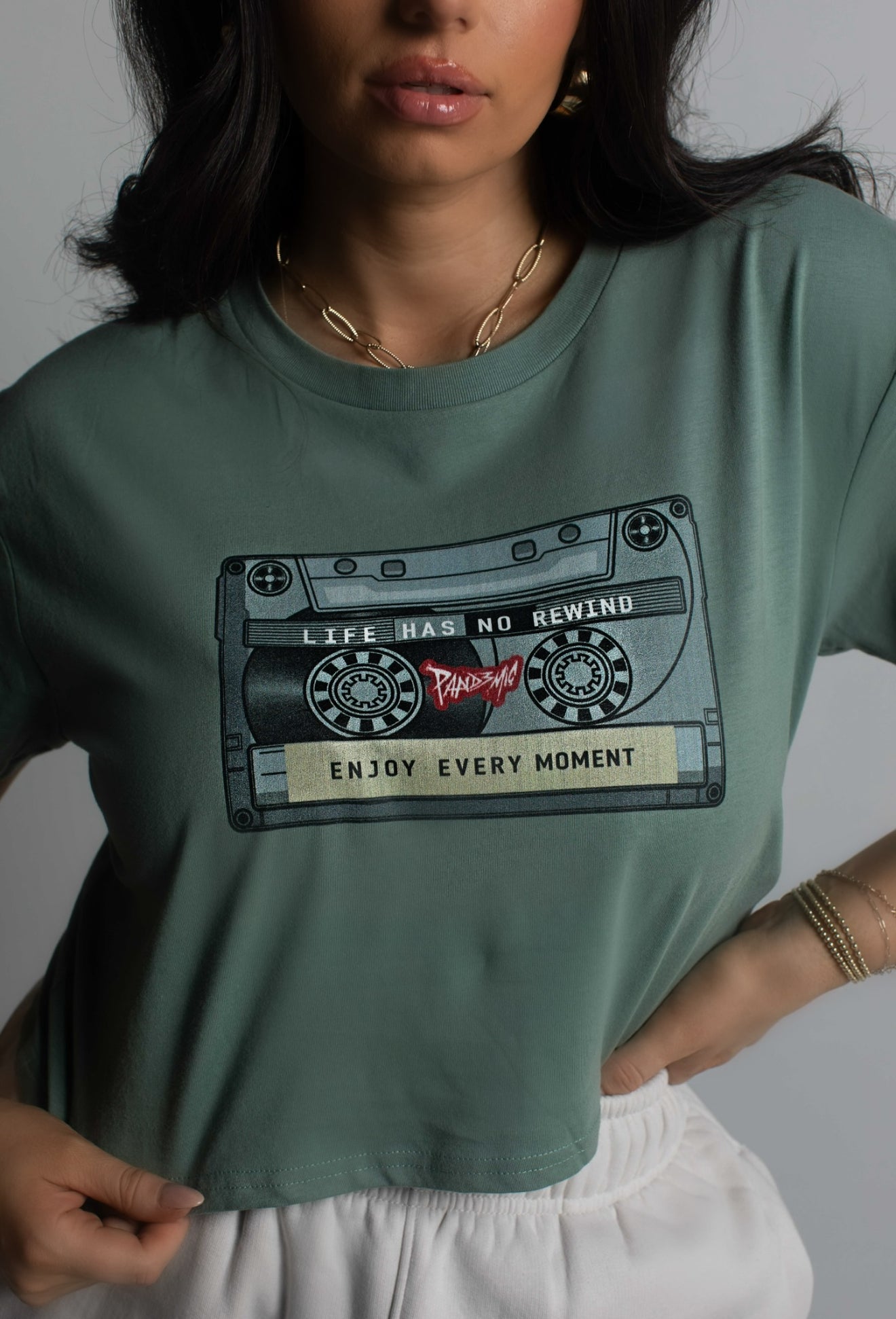 Vintage Cassette Crop Tee in Sage