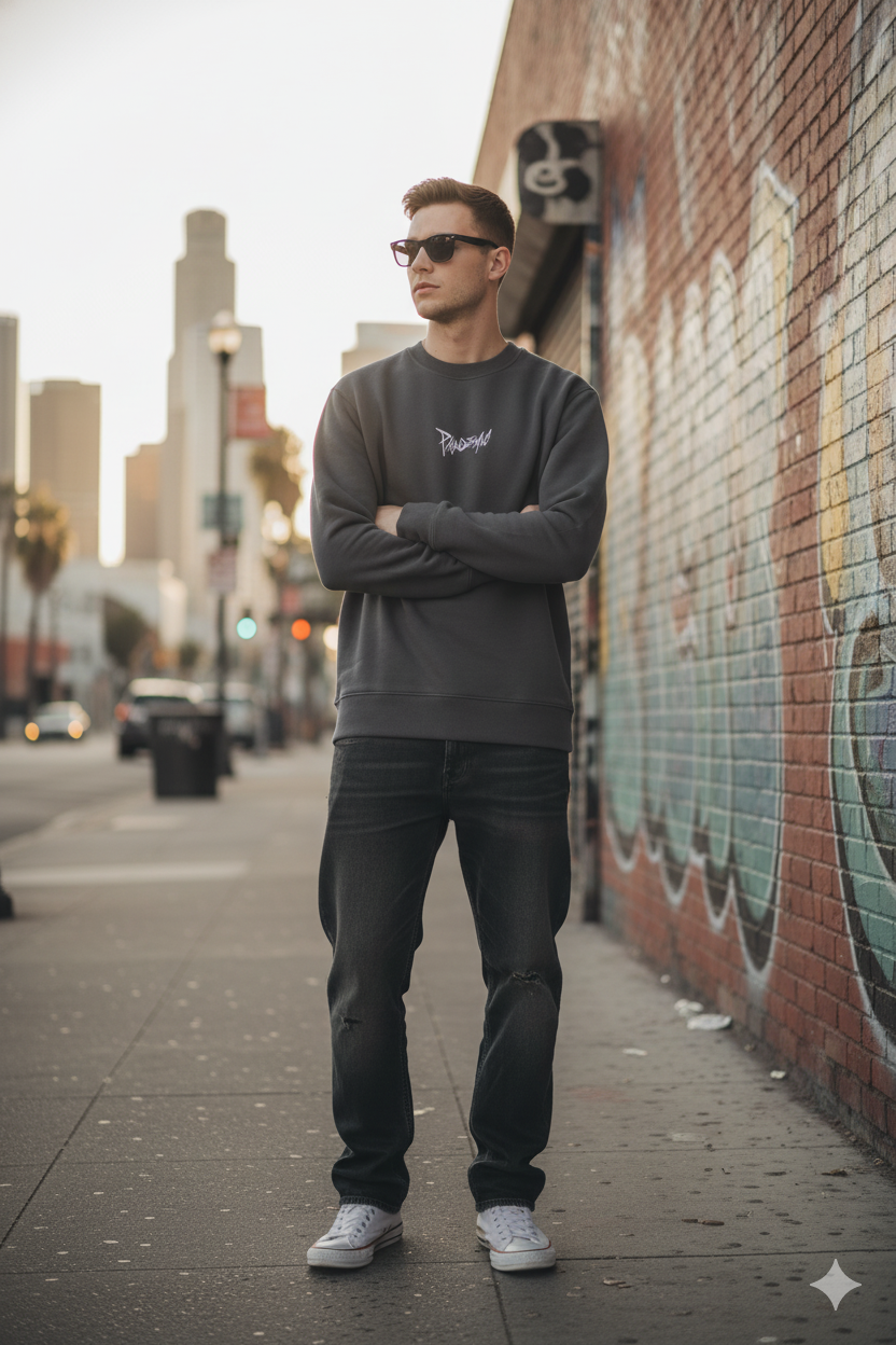 Relax Faded Crew Sweater in Noir