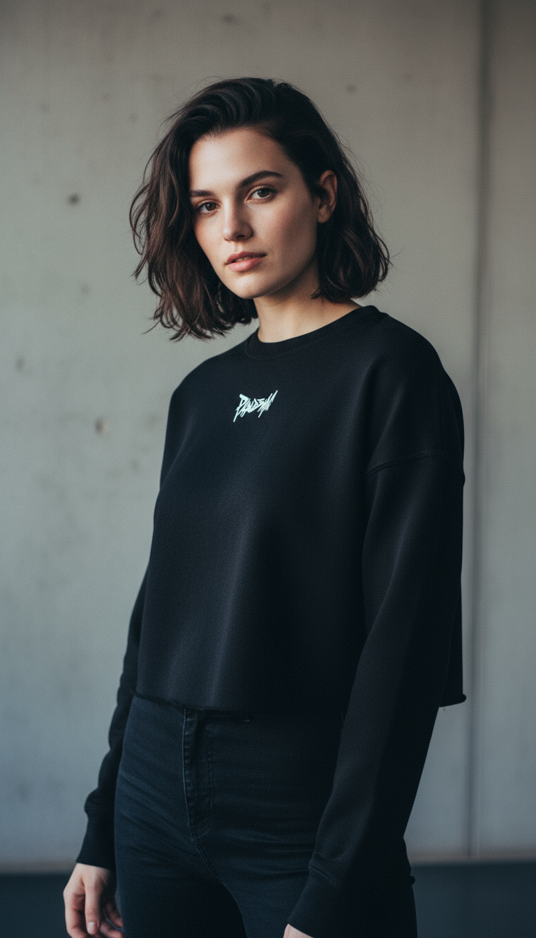 No Limit Crop Crew Fleece in Noir