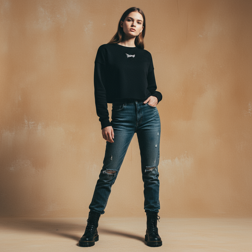 No Limit Crop Crew Fleece in Noir