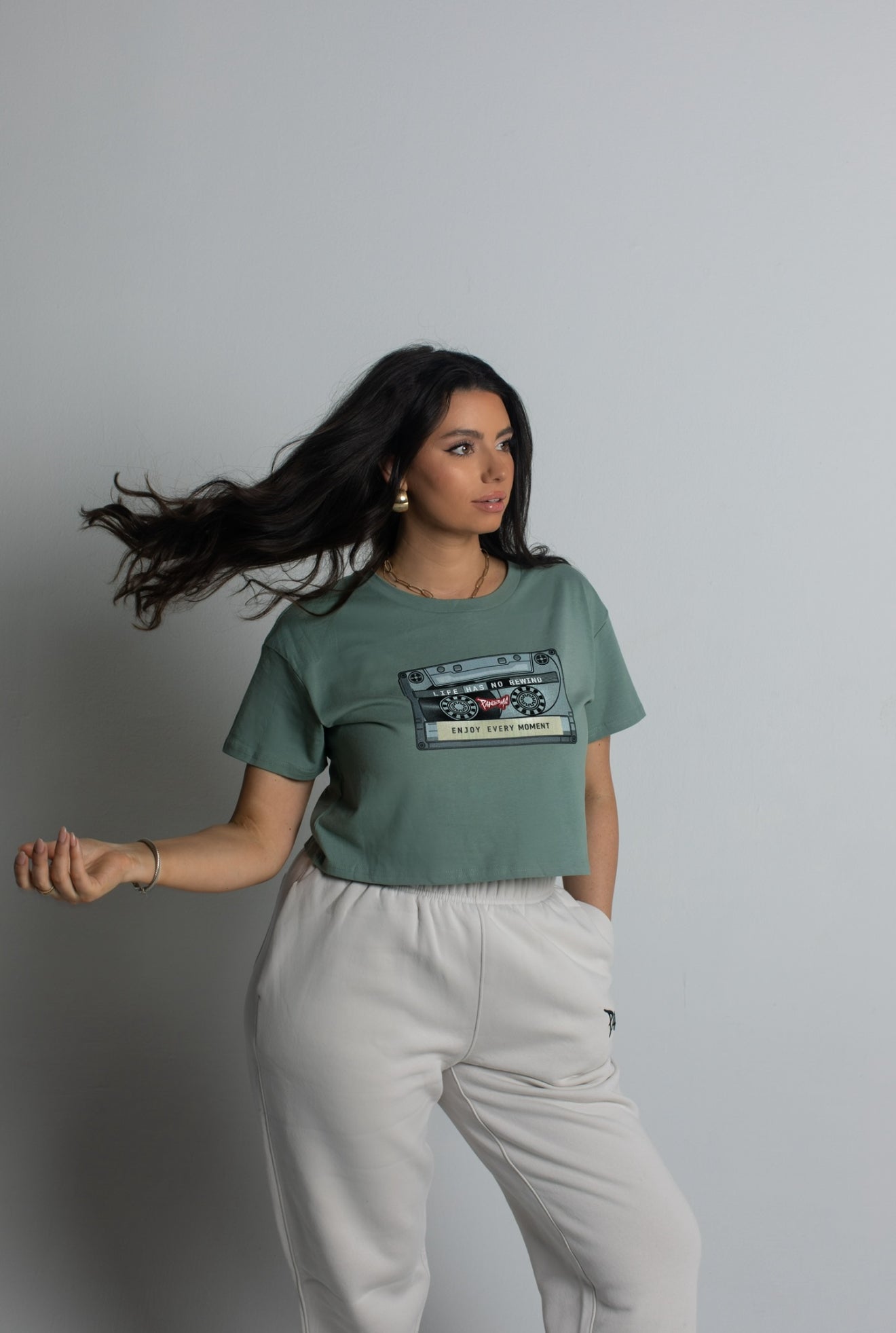 Vintage Cassette Crop Tee in Sage