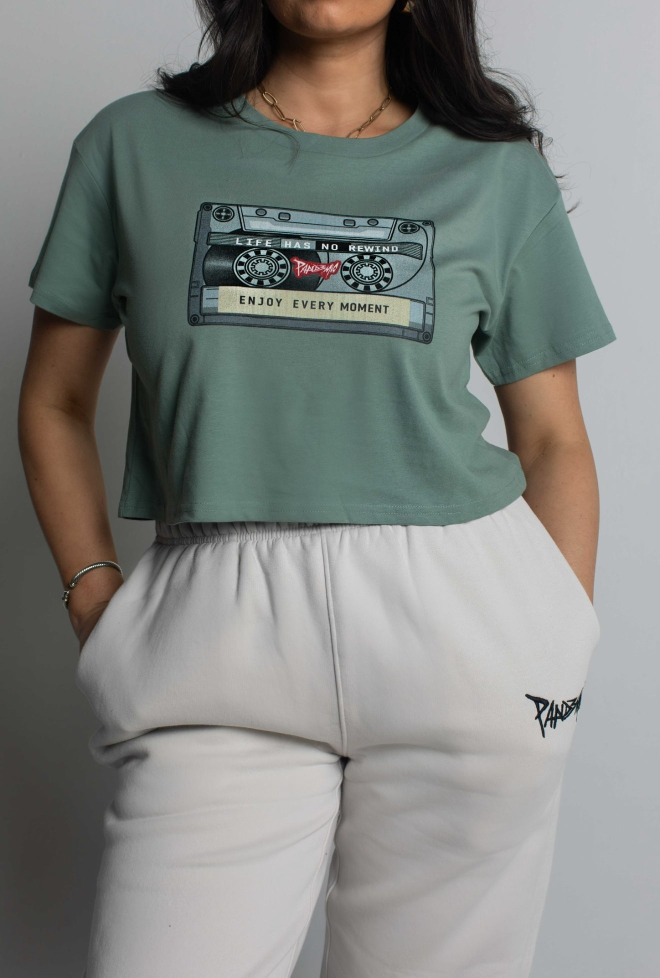 Vintage Cassette Crop Tee in Sage